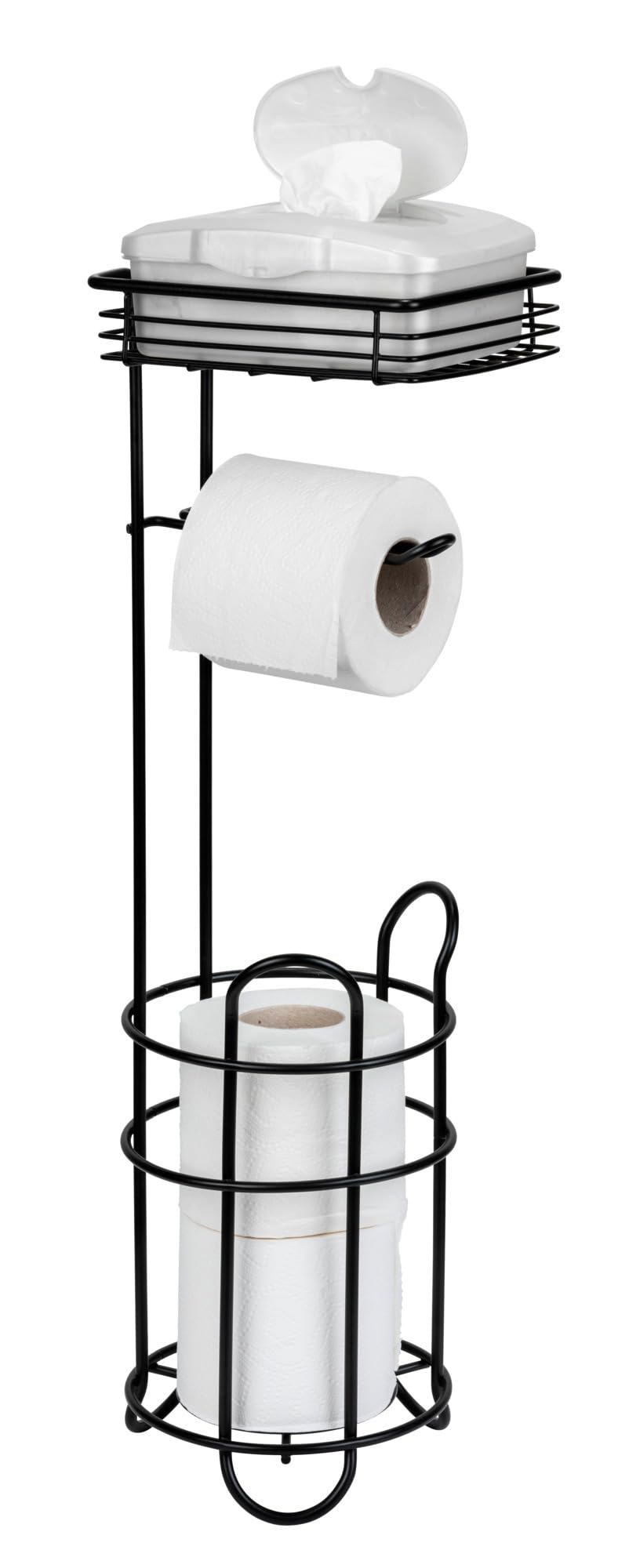 WENKO Portarrollos de Papel higiénico de pie [Metal Negro] con Estante – Soporte para Papel higiénico con Espacio para 3 Rollos – Portarrollos de Papel higiénico de pie