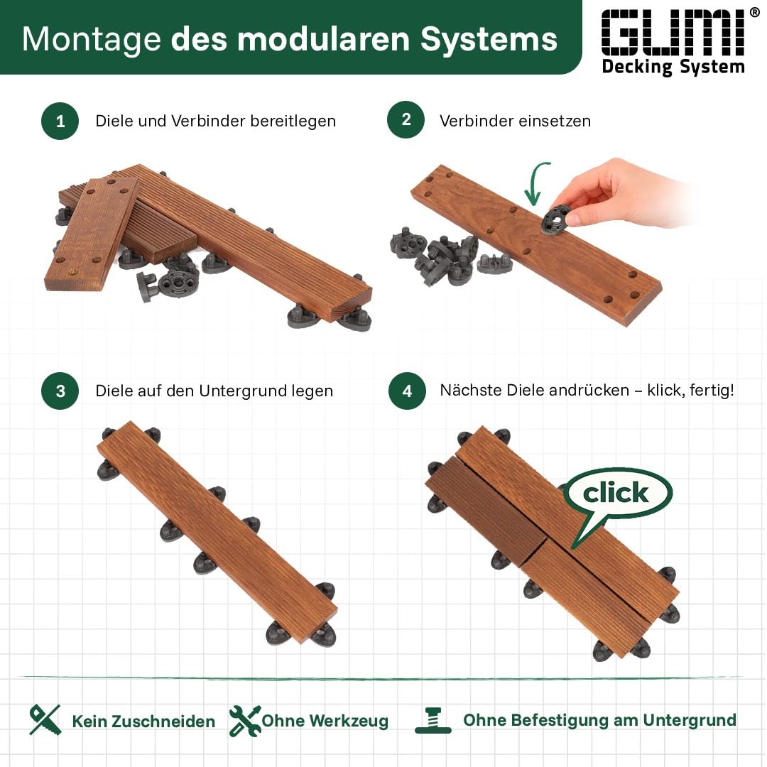 GUMI Dalles de Terrasse Dalles de Balcon Lames Clipsables en Bois Thermofrêne 1 m² – Système Modulaire pour Balcon et Terrasse | Montage sans Outils | Motif Brique | Bois Naturel