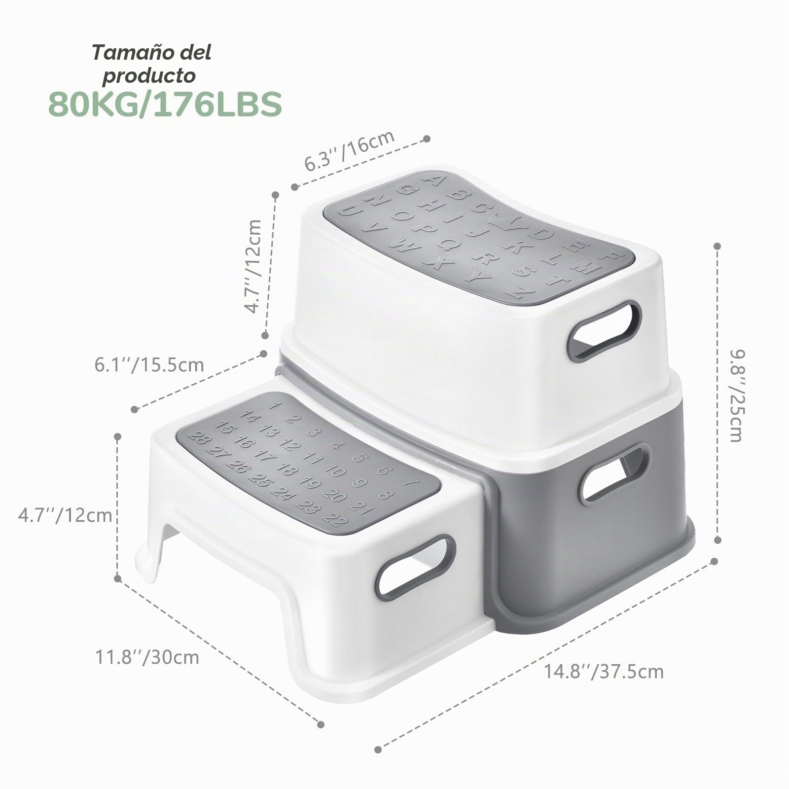 DEANIC Taburete Baño Niños Escalon Infantil 2 Peldaños 30x37.5x25cm Antideslizante Gris