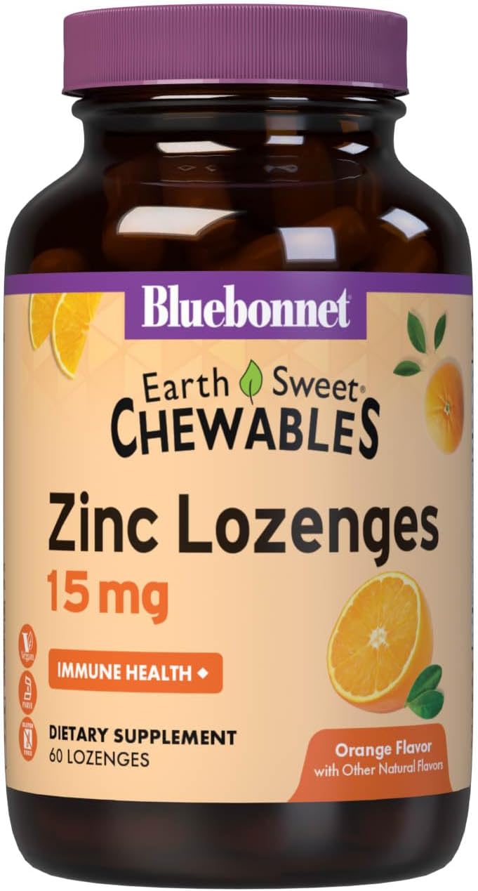Bluebonnet Nutrition Earthsweet Zinc Lozenges 15mg Chewables, Plus 100mg of Vitamin C, Soy-Free, Gluten-Free, Kosher Certified, Dairy-Free, Vegan, Orange Flavored, 60 Lozenges Bluebonnet Nutrition Earthsweet Zinc Lozenges 15mg Chewables, Plus 100mg of Vitamin C, Soy-Free, Gluten-Free, Kosher Certified, Dairy-Free, Vegan, Orange Flavored, 60 Lozenges
