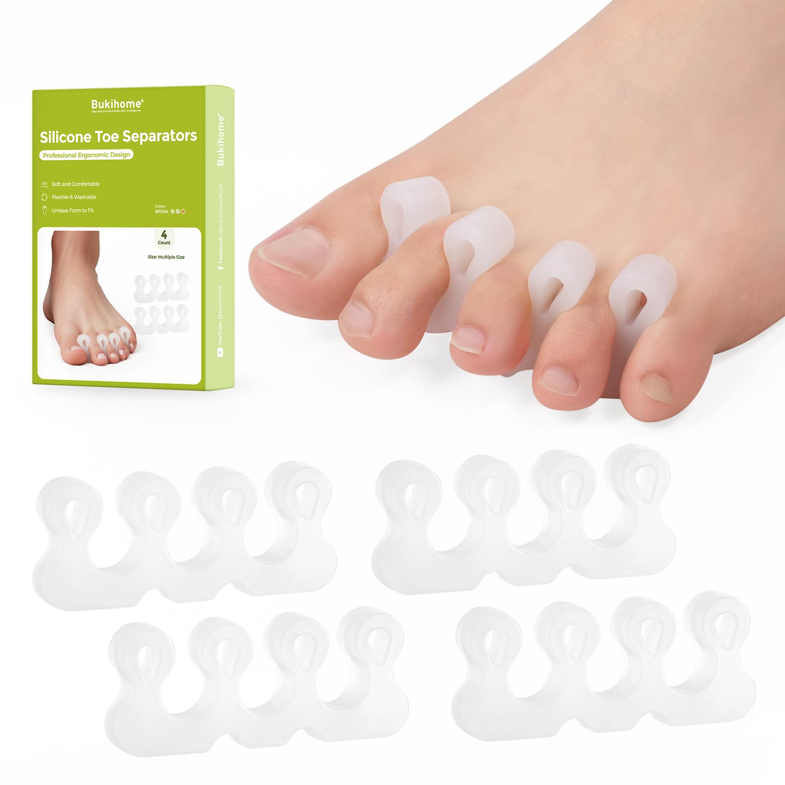 Bukihome Upgraded Gel Toe Separator - Pedicure Toe Spacers for Separating Toenails or Nails - Toe Spreader for Straightening Overlapping Toes, Bunions - Toe Stretcher for Men & Women (White, 4 Pack) Pack of 4 White