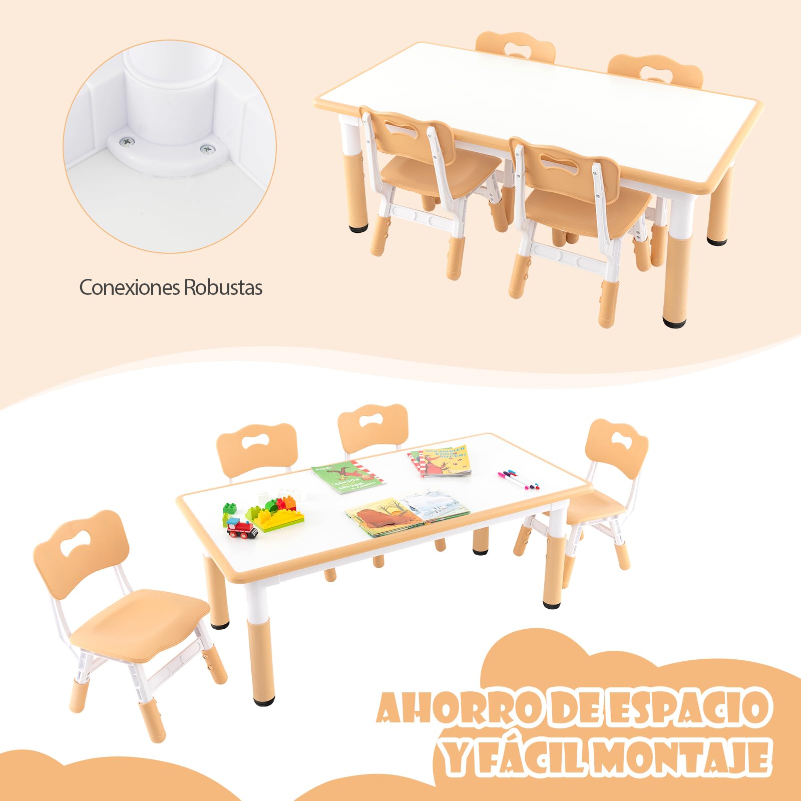 GOPLUS Juego de Mesa Infantil con 4 Sillas, Escritorio Infantil y Sillas Regulables en Altura con Bandeja para Graffiti, Mesa de Dibujo para Niños y Niñas de 2+ Años, Capacidad 50 KG (Natural)