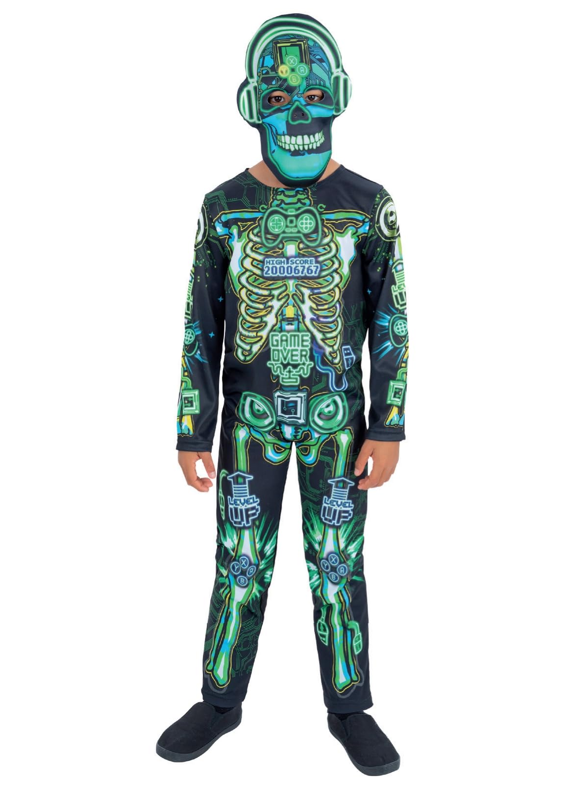 Smiffys Glow in the Dark Gamer Skeleton Costume All In One & Mask, Halloween Child Fancy Dress, Skeleton Dress Up Costumes