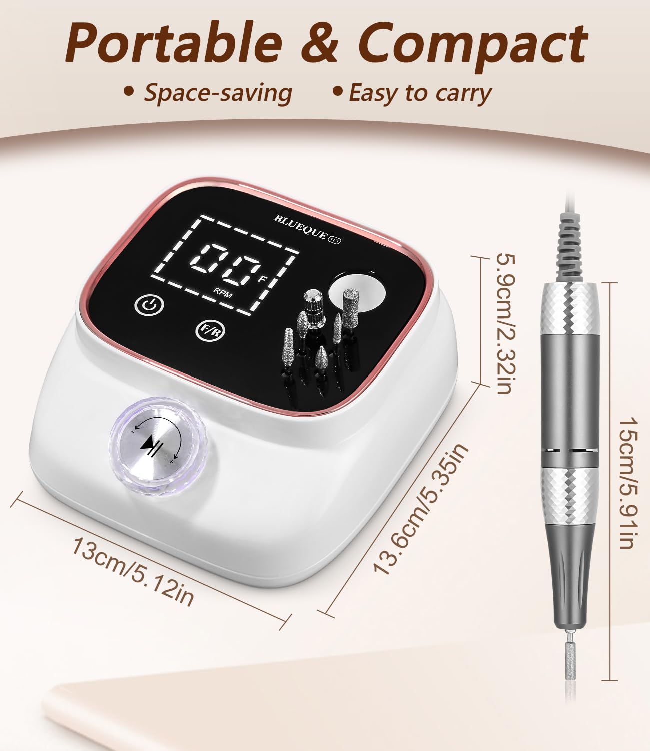 Zawaer Torno para Uñas 45,000RPM, Profesional Lima Electrica Uñas, Velocidad Ajustable,Set de Accesorios para Manicura y Pedicura con Brocas de Cerámica,para Uso Doméstico Salones de Uñas Rosa dorado