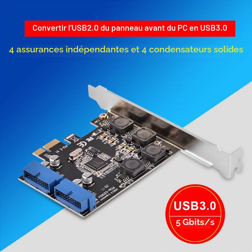 PCI-E Carte Adaptateur, ASHATA Carte Controleur PCI Express (PCI-E) vers 2 Ports USB 3.0 à 19 Broches pour l'emplacement PCI-E X1 X4 X8 X16