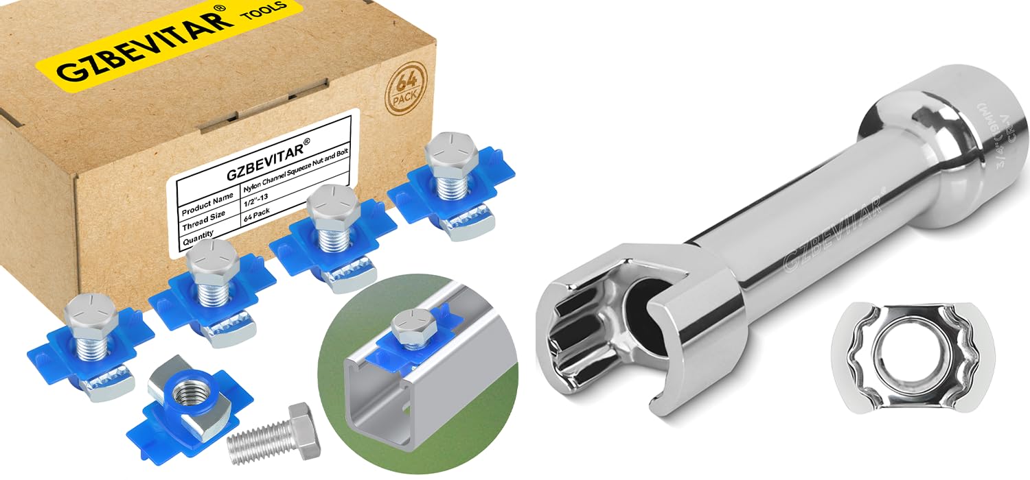 1/2"-13 Nylon Channel Squeeze Nut and Bolt - 64 Pack, 1/2″ Drive 3/4″ (19mm) Strut Channel Impact Socket
