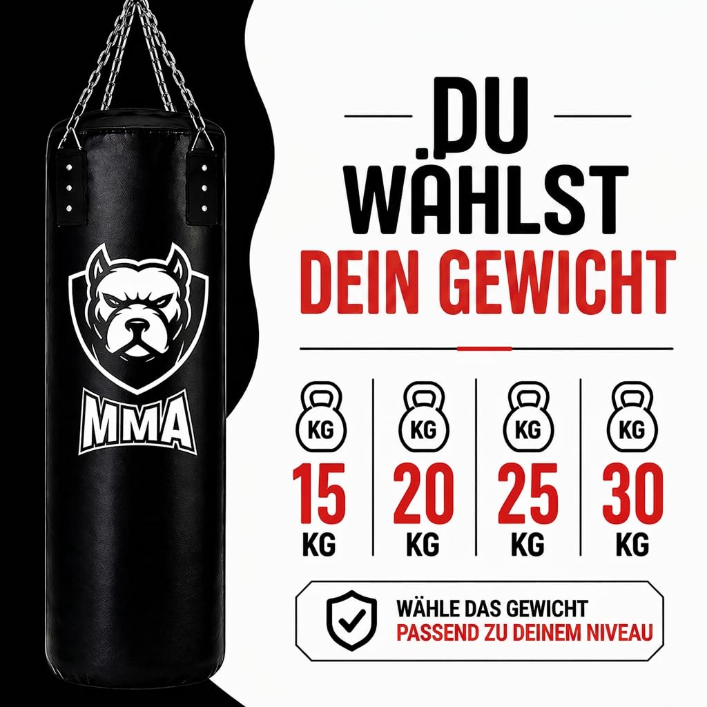 Boxsack Komplett-Set - Nachfüllbar Deckenbefestigung Boxbandagen & Reflexball inklusive Hängender Punching Bag für Box Kickbox MMA Muay Thai Ideal für Zuhause Erwachsene & Jugendliche