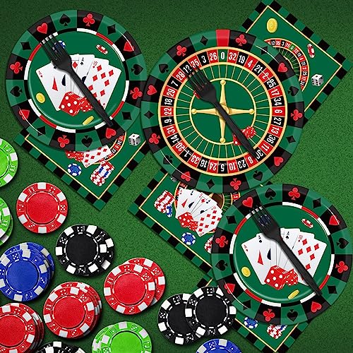 Image of 96 Pieces Casino Themed Party Tableware Set for Las Vegas Birthday Party Decorations Casino Poker Card Birthday Party Dessert Paper Plates Napkins Forks for 24 Guests Poker Card Playing Club Supplies