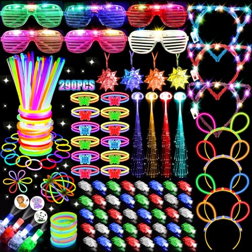 JOJUJB 290PCS Glow in the Dark Party Supplies for Kids Adults,Light Up Party Favors with Light Up Toy Glasses,100 Glow Sticks Bulk Party Pack DIY Glow Necklaces,Bracelets