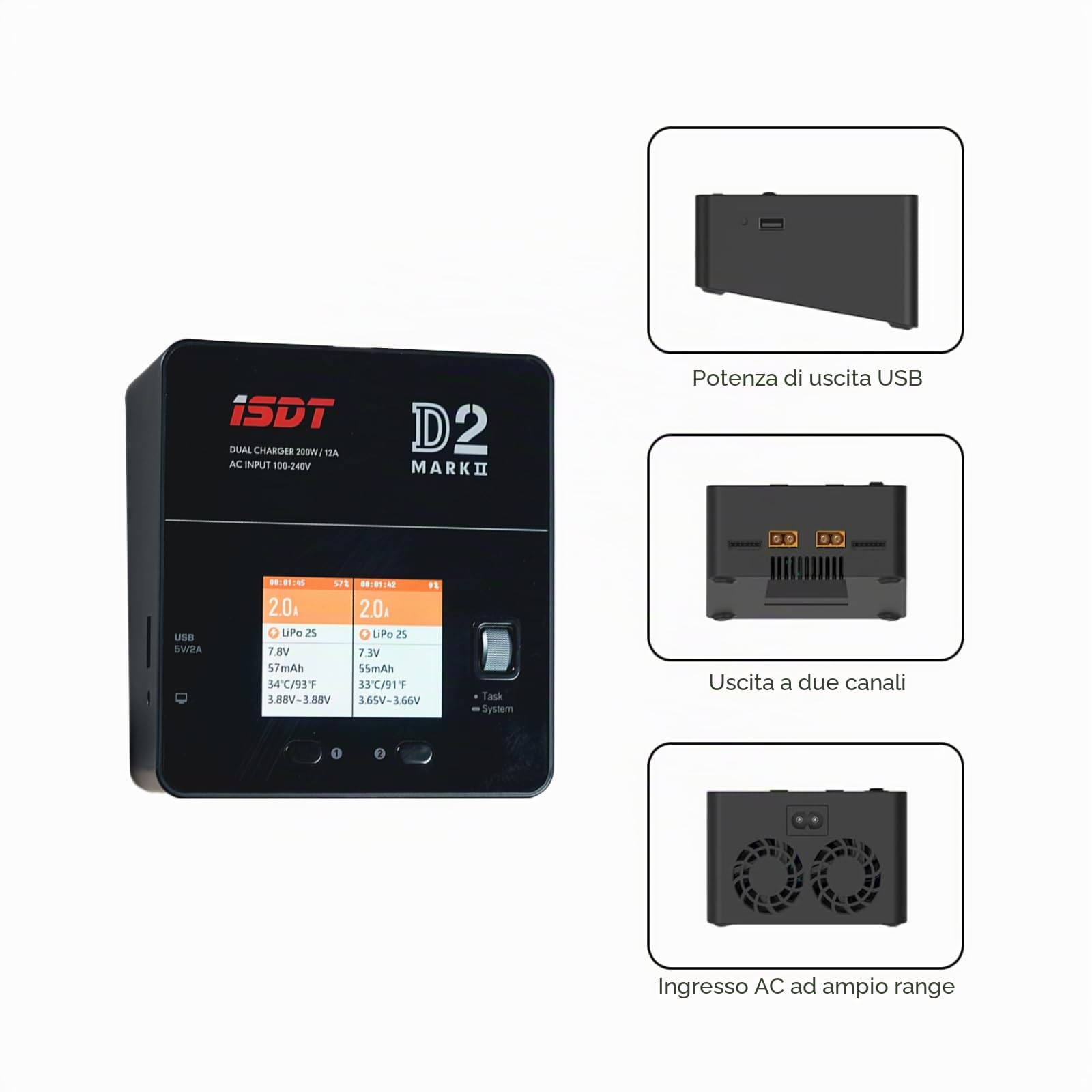 ISDT D2 Mark 2 - Caricatore intelligente per batterie LiHv/LiPo/Life/Lilon (1-6S) NiMH/CD(1-16S) Pb(1-12S)
