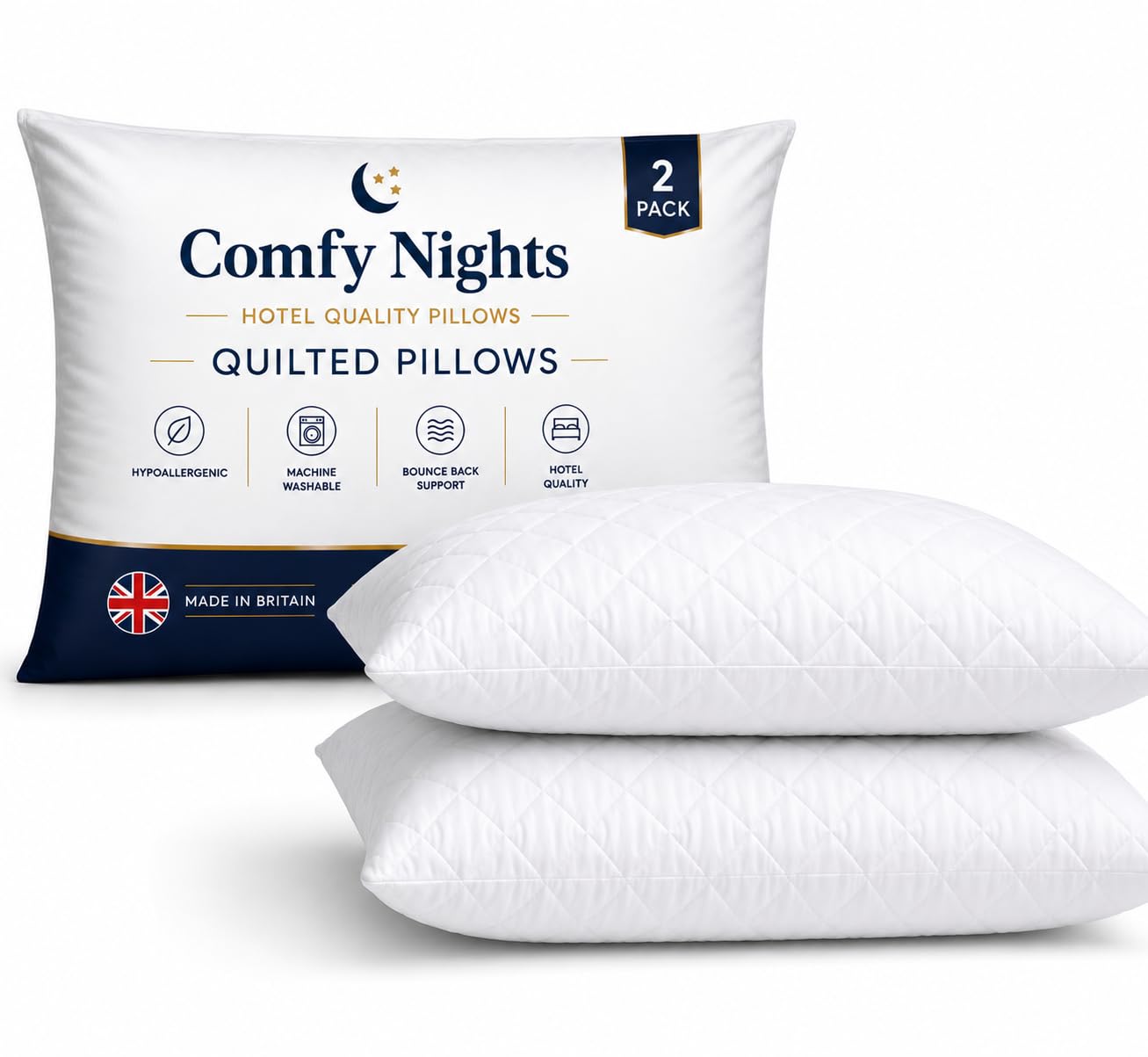 Comfy Nights Hotel Quality Pillows Pack of 2 – Soft Hollowfibre Filled Bed Pillows, Hypoallergenic Bounce Back Support, Quilted Cover, Anti-Allergy Pillows for Side, Back & Front Sleepers- 2Pack