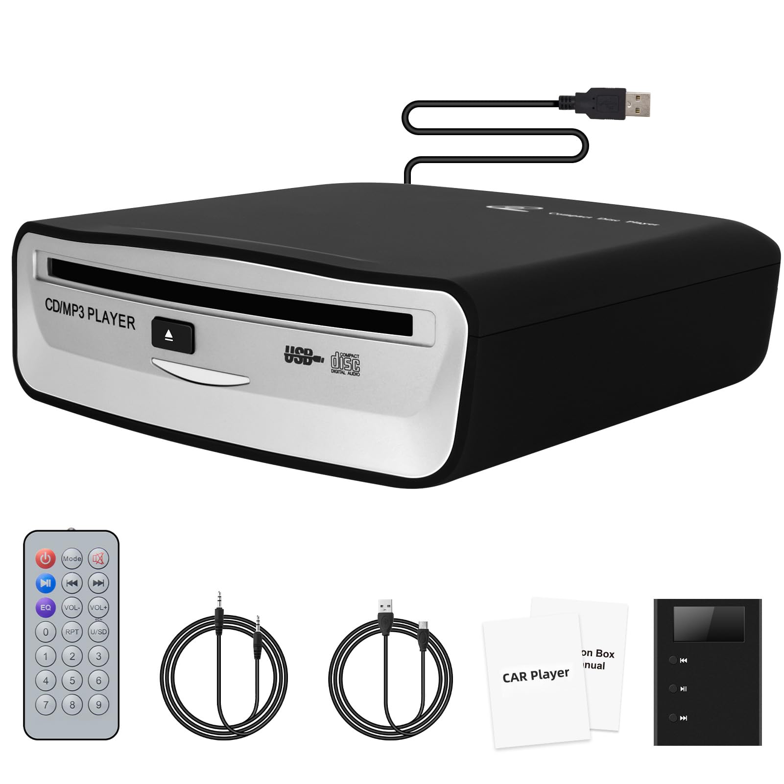 Auto CD Player mit USB-Anschluss - Timzeit Extern Universal CD Player für Auto PKW LKW mit AUX-kabel und Fernbedienung, Externes CD Laufwerk für Laptop, PC, Fernseher, kompatibel mit Android Autoradio
