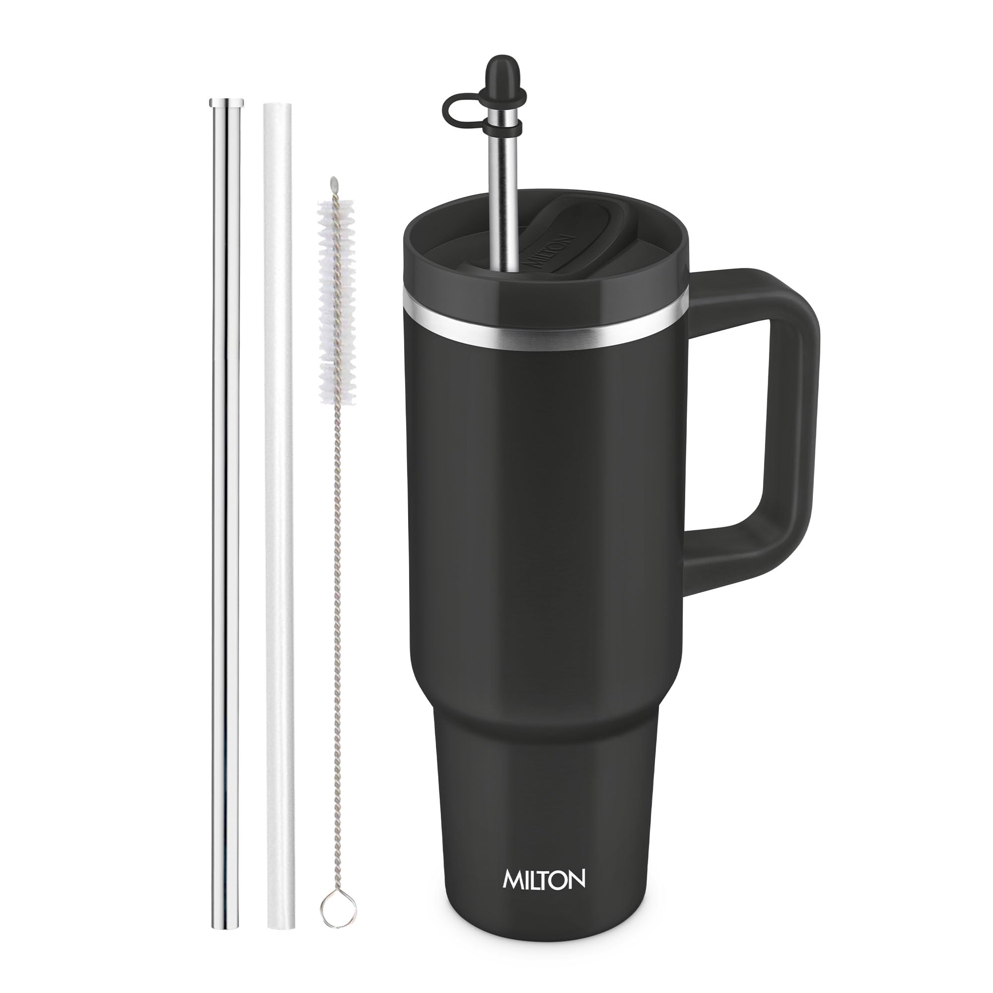 MILTON Malmo 1200 Thermosteel Double Wall Vacuum Insulated Stainless Steel Water Tumbler with Handle 1100ml,Travel Mug with Straw,Silicon Cap,Cleaning Brush,Hot & Cold Beverage Flask,Jet Black