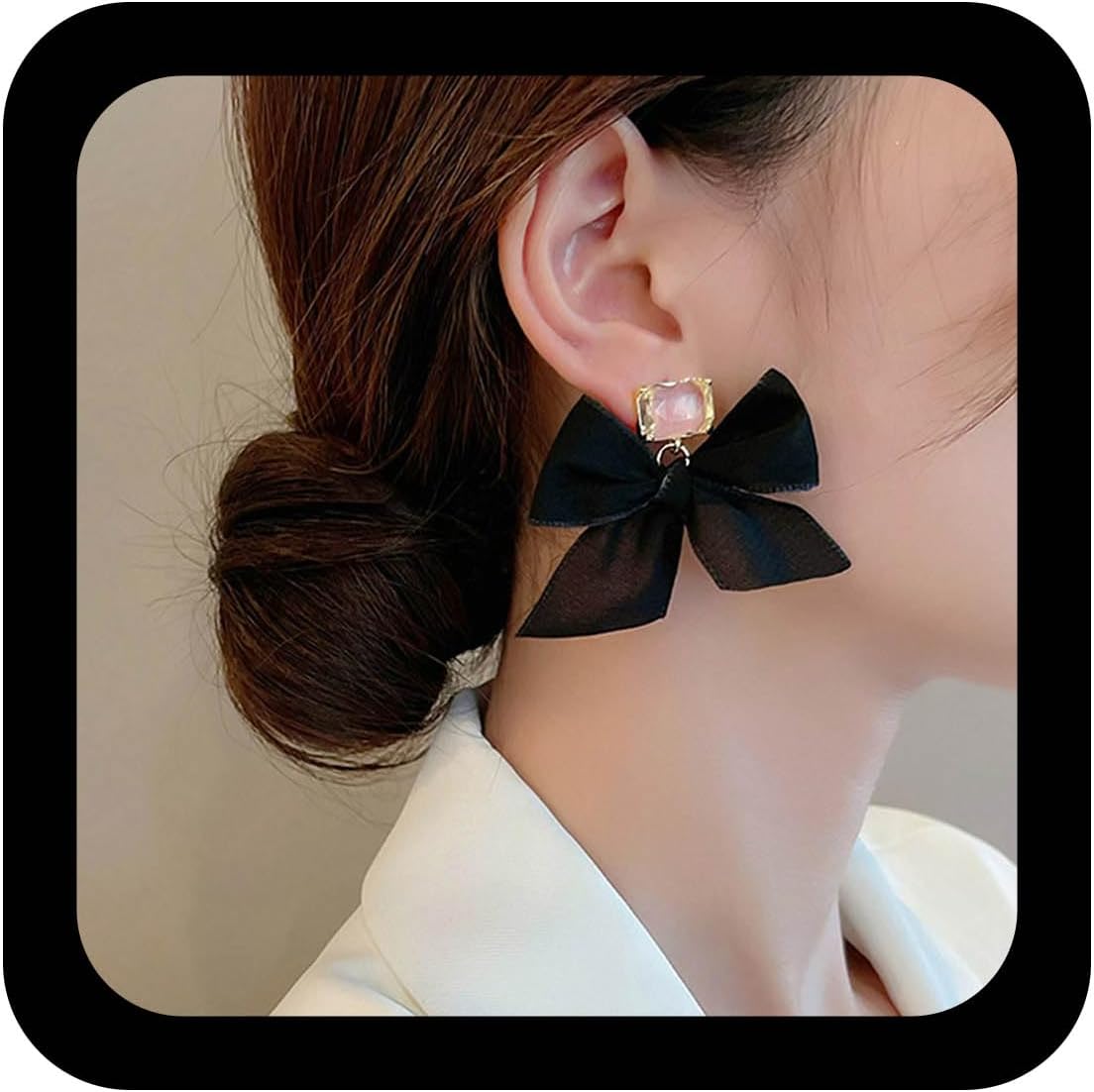 Vintage Crystal Square Earrings Black Ribbon Bow Drop Earrings Boho Cz Bowknot Stud Earrings Black Large Silk Bow Earrings Rhinestone Square Earrings Jewelry for Women