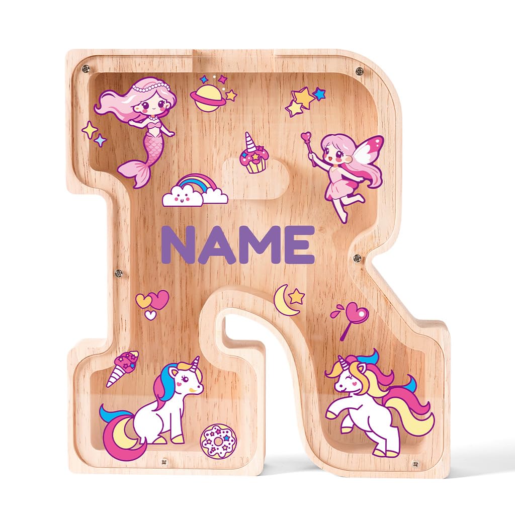 Personalized Wooden Letter Piggy Bank for Kids | Custom Name Alphabet Coin Bank A–Z | Money Saving Box for Boys and Girls | Birthday Gift for Children (R)