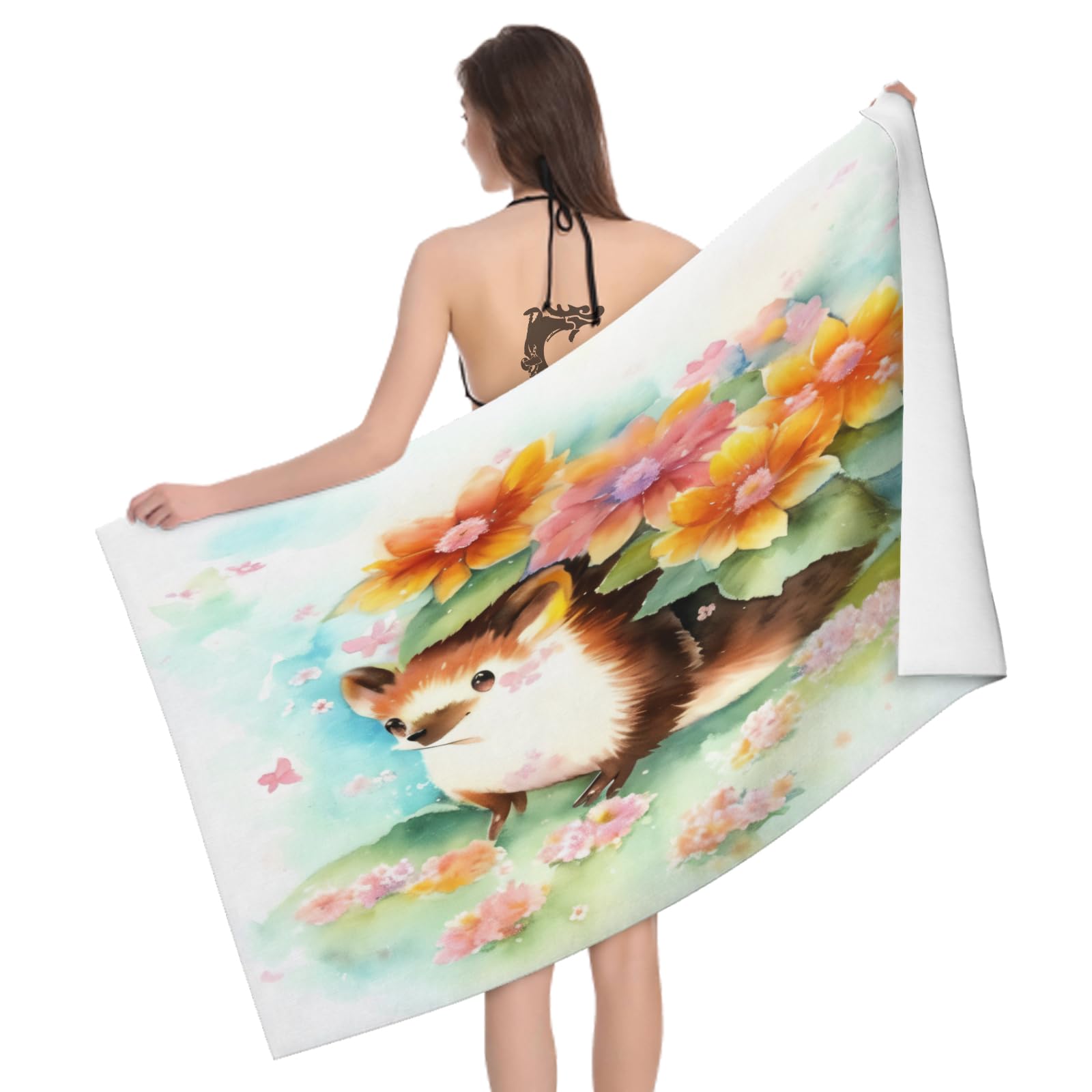 Hongduo Women's White Hedgehog Microfibre Beach Towel Extra Large 80X160cm, Floral Quick Dry Beach Towels For Adults Men Bath Towel For Travel, Sports, Swimming, Camping