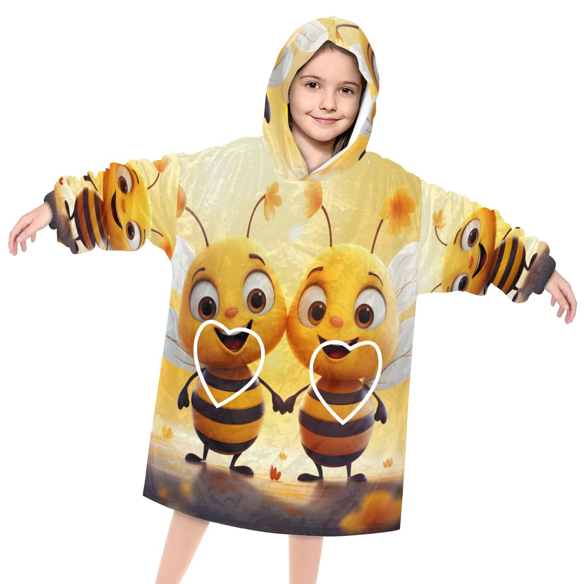Wearable Blanket Hoodie for Kids, Cartoon Bees Fleece Sweatshirt Blanket Oversized Blanket Sweatshirt with Pocket Flannel Warm Hooded Blanket 6-10 Year Old Girl Boy Gift, One Size