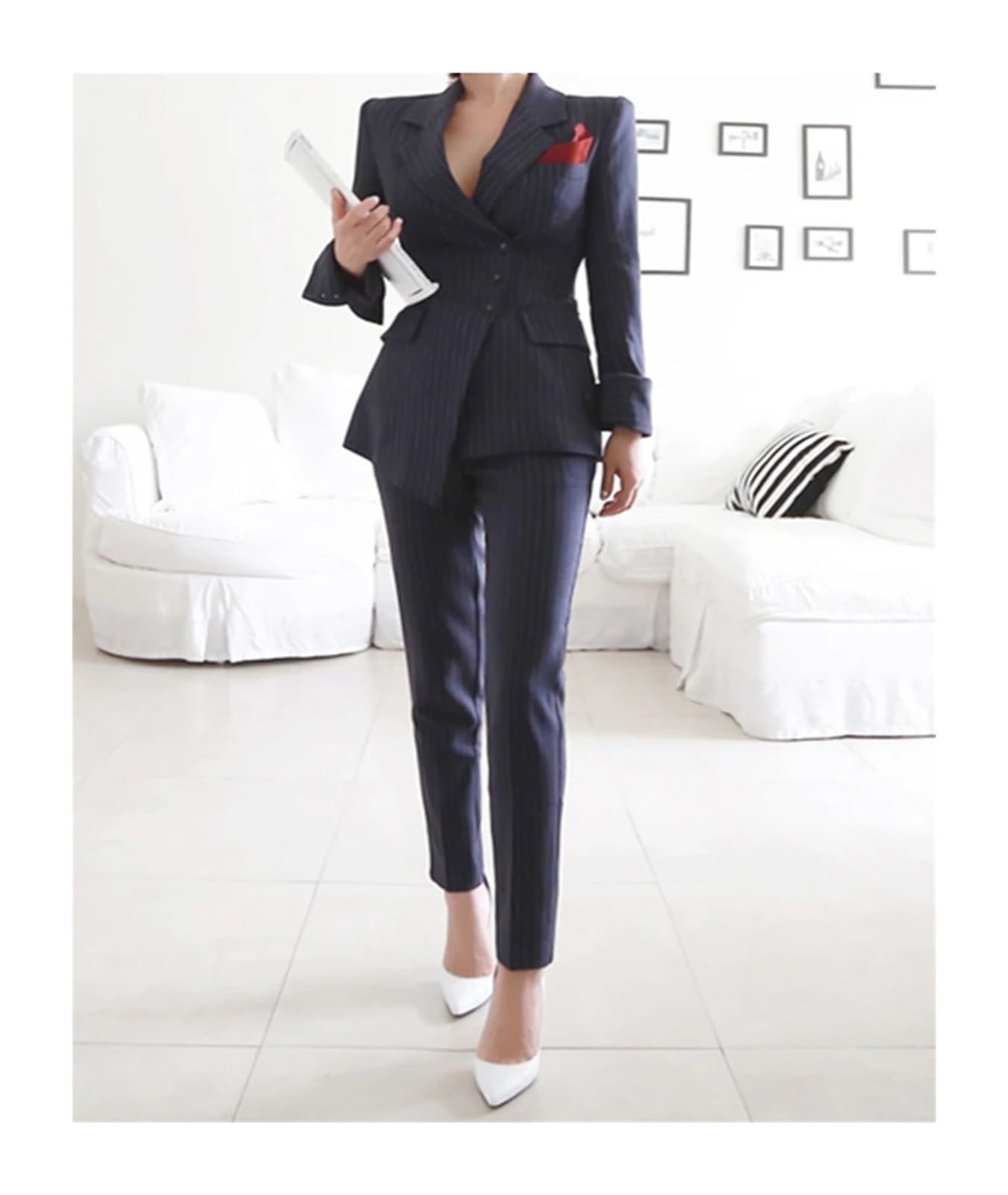 Conjuntos Formales de 2 Piezas for Oficina, Elegantes, for Mujer, con Temperamento a Rayas, un Solo Pecho, Pantalones y Abrigos para Negocios, Trabajo, Oficina, Formal