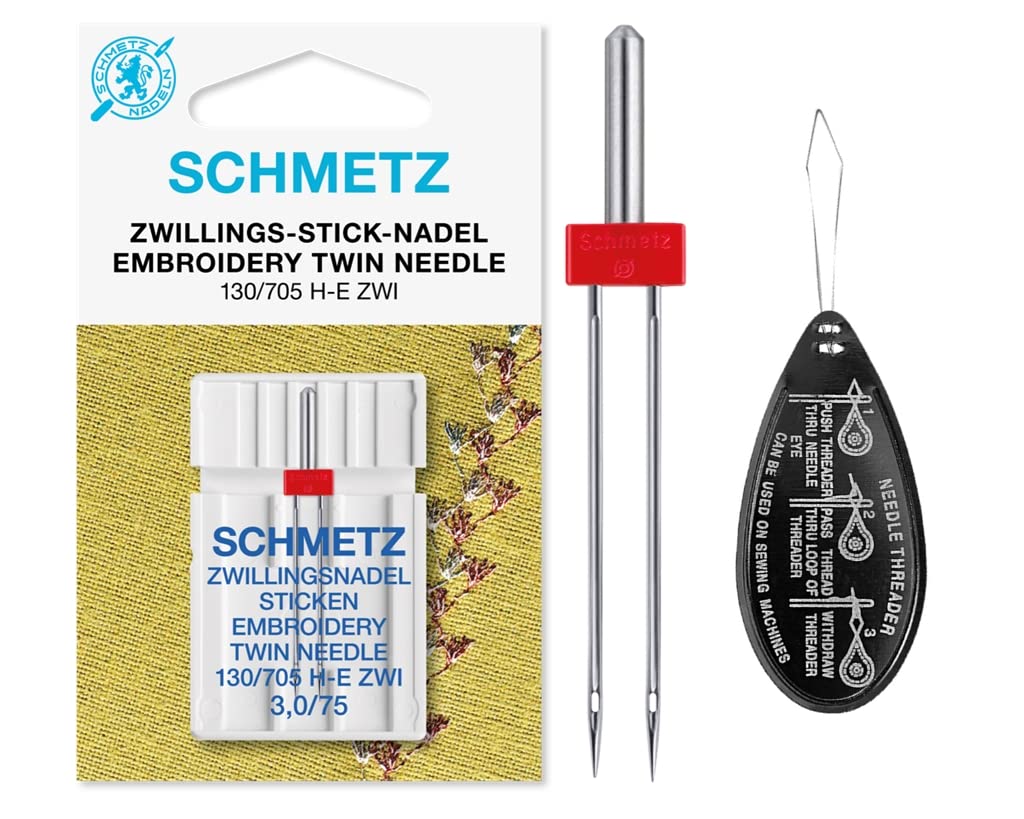 Ipc Sewing Parts Silver Embroidery Twin Sewing Machine Needle, Size 3.0/75, Includes Large Needle Threader