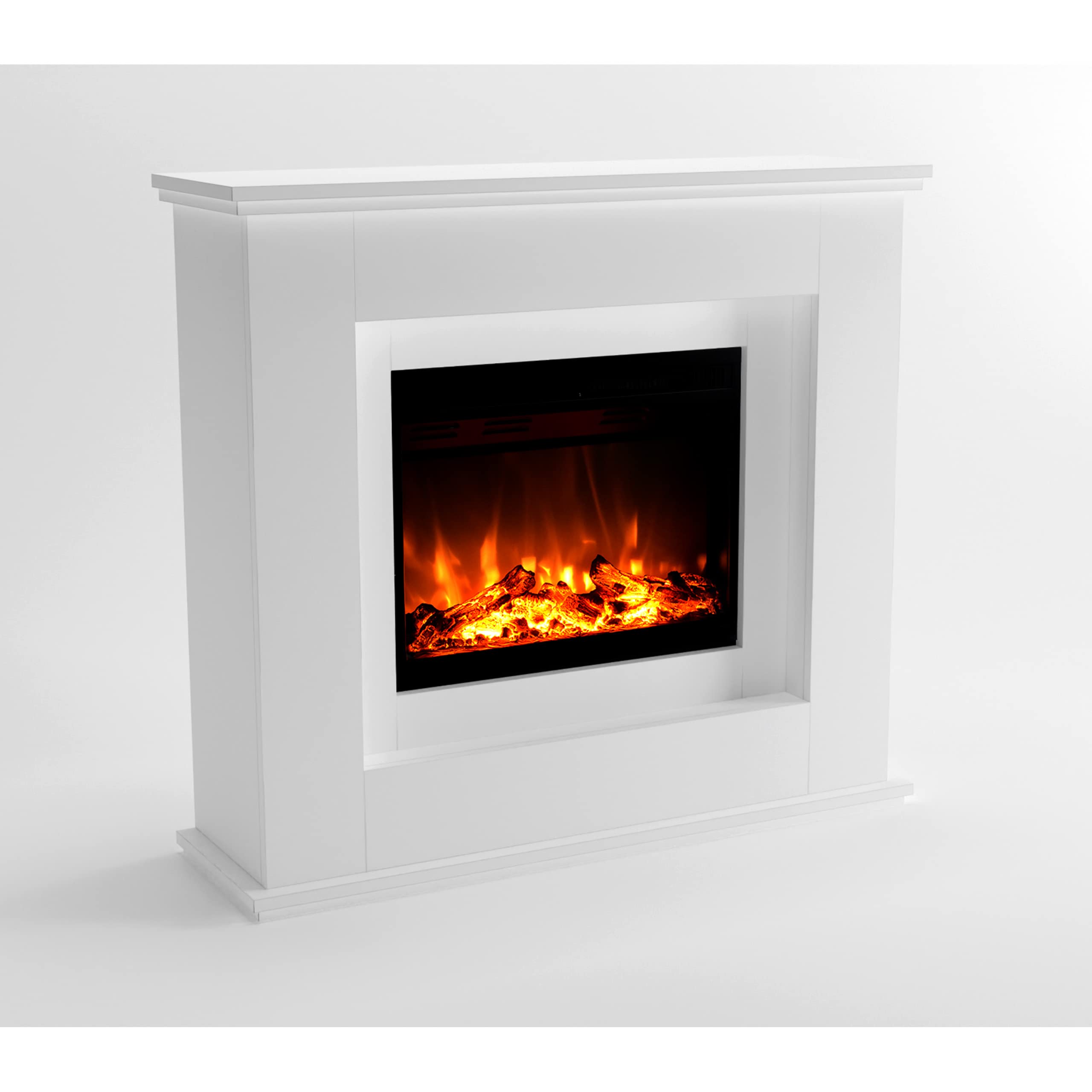 GLOW FIRE EUROPA Stufa Elettrica a Pavimento - Caminetto Elettrico con Riscaldamento, Fuoco LED in 3 Colori, Ventola, Decorazione in Legno, Telecomando, 111x101x33 cm, Bianco