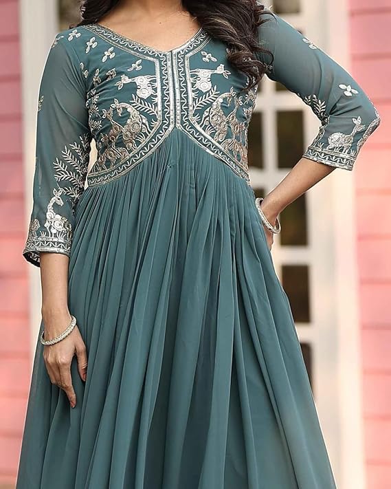 Women’s Georgette Embroidered Anarkali Gown – Elegant Ethnic Long Dress with Sheer Sleeves, Traditional Indian Festive Party