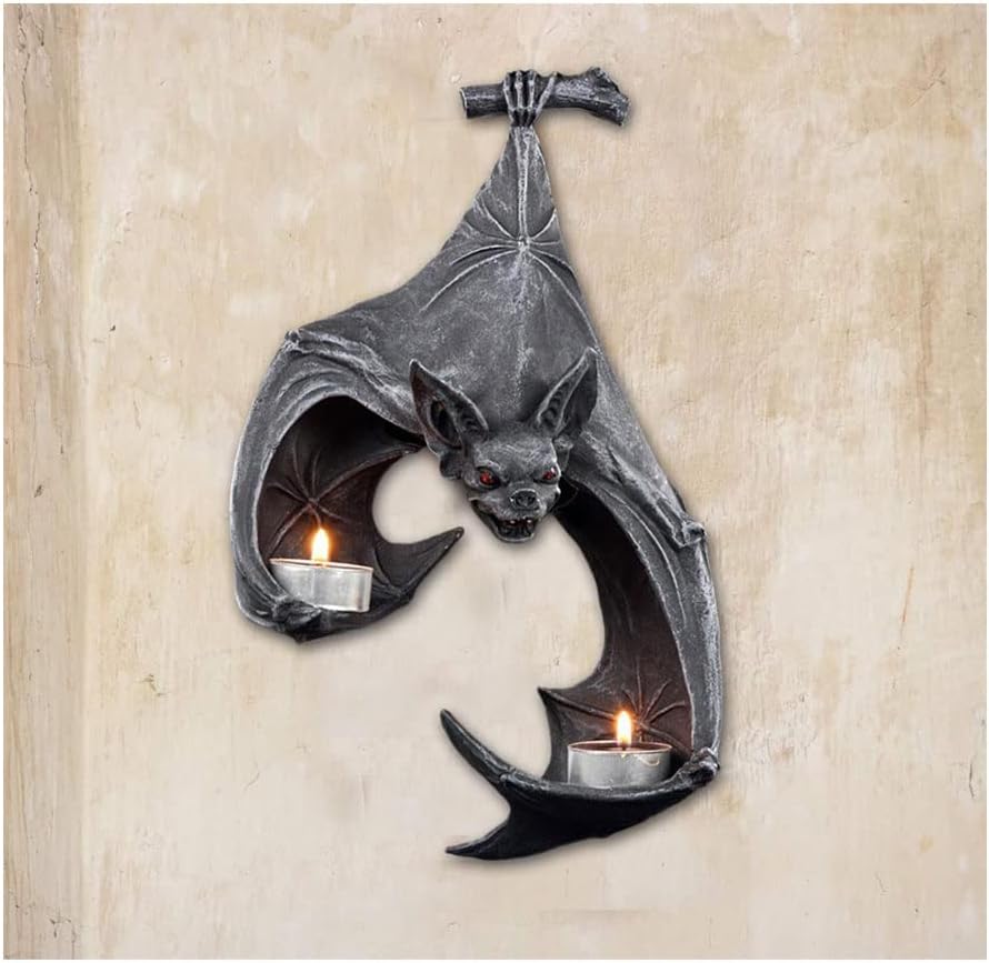 CingKBat Wall Tealight Holder,Black Resin Candle Holders, Unique Delicate Bat Double Tealight Holder Wall Sconce Decor Gothic Decorative Home Accessory for Thanksgiving Halloween Party