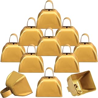 Therwen 12 Pack Metal Cow Bells Noise Makers with Handle 3 Inch Hand Percussion Cowbells Bulk Loud Call Bell for Sporting Events Cheering Football Games Team Spirit Weddings Party Noisemakers (Yellow)