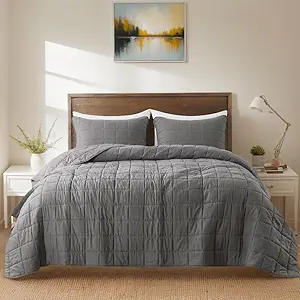 ROARINGWILD Grey Queen Size Quilt Bedding Sets with Pillow Sham, Summer Lightweight Soft Bedspread Coverlet, Farmhouse Country Gingham Quilted Blanket Thin Comforter Bed Cover, 2 Pieces, 90x91 inches