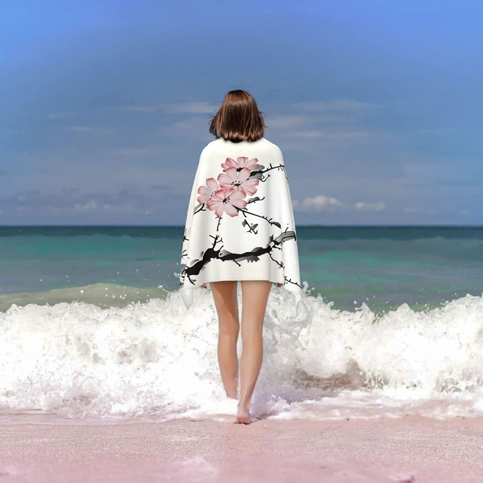 KATATI Serviette de Plage La Floraison des Cerisiers Japonais, Séchage Rapide Microfibre Serviette de Bain, La Floraison des Cerisiers Serviettes de Plage 200 x 200 cm, Voyages Vacances Drap de Plage