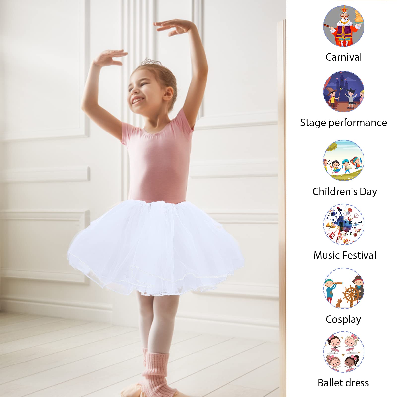 WLLHYF Dziewczęca spódnica tutu, 4 warstwy, tiulowa, tutu, elastyczna, puszysta, do tańca baletowego, dla małych dzieci, dzieci, na imprezę bożonarodzeniową (biała), biały, Einheitsgröße
