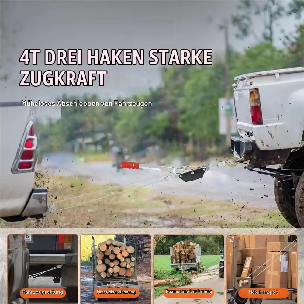 Handseilzug,3 Haken,2 Zahnräder,4 Tonnen/8818 Pfund,Seil Mit 6 Mm Durchmesser,Begleitwinde,Schweres Ratschen-Zugwerkzeug,Zum Bewegen Von Booten,Befestigen Von Gegenständen Und Transportieren Von Holz