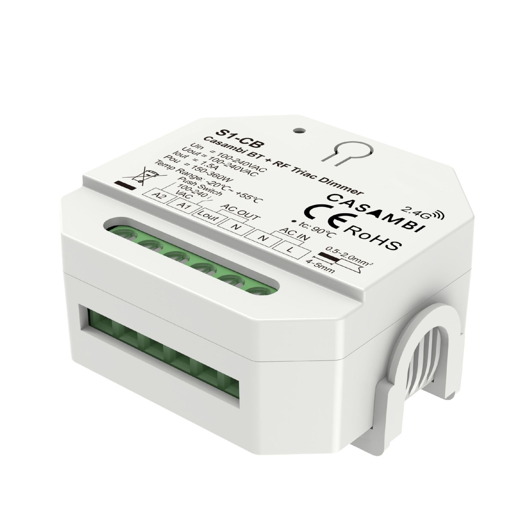 Casambi LED-Schalter Triac Dimmer Bluetooth, RF 2,4 GHz mit NO-Taste, für dimmbare LED-Lampen, Phasenabschnitt, 220 V, 1 K, 1,5 A, max. 360 W, Einstellung 0-100 %