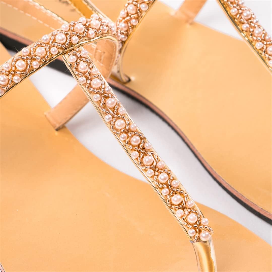 Women Fashion Summer Pearl Sandals Casual Beach Shining Boho Shoes T-Strap Flip Flops Slippers