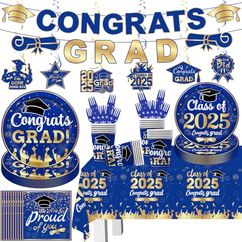 2025 Graduation Party Decorations Blue, Disposable Graduation Tableware Set for 20 Guests, Plates, Fork, Napkins, Cups, Tablecloth, and Congrats Grad Banner for Congrats Grad Decorations