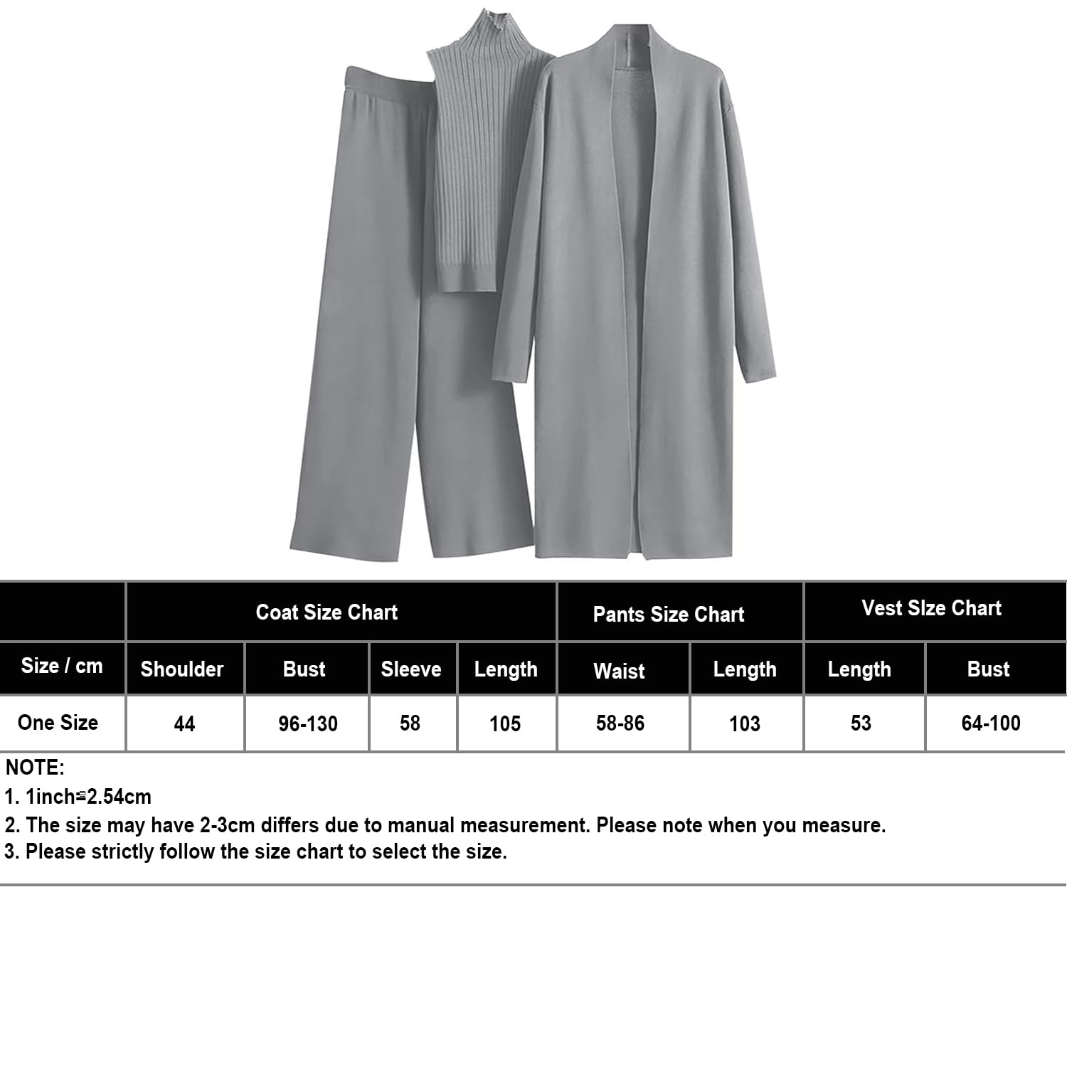 Dyalsa Set da 3 pezzi da donna in maglia, cardigan a maniche lunghe senza maniche, canotta a collo alto e pantaloni a gamba larga