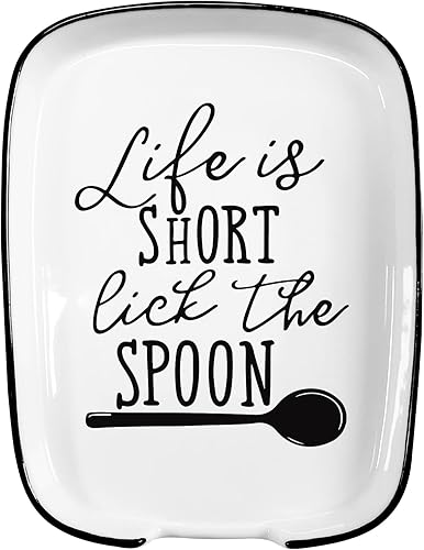 Soporte de cuchara de cerámica para estufa, Funny Life is Short Lick the Spoon White Spoon Holder para encimera de cocina, decoración moderna de