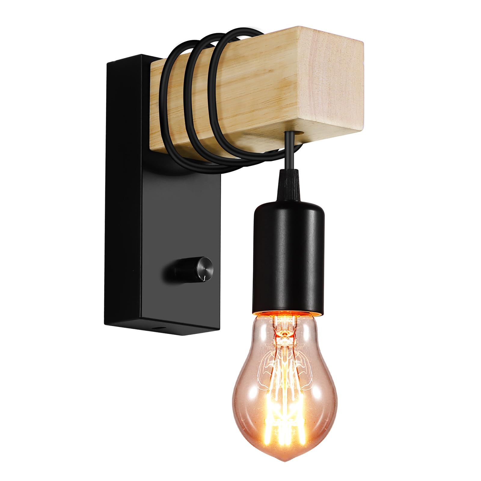 Aplique de Pared Interior Vintage, Lámparade Pared Industrial Retro de Madera, Aplique Regulable con Interruptor de Atenuación, Base E27,para Sala de Estar, Dormitorio, Salón, Cafetería (Sin Bombilla)