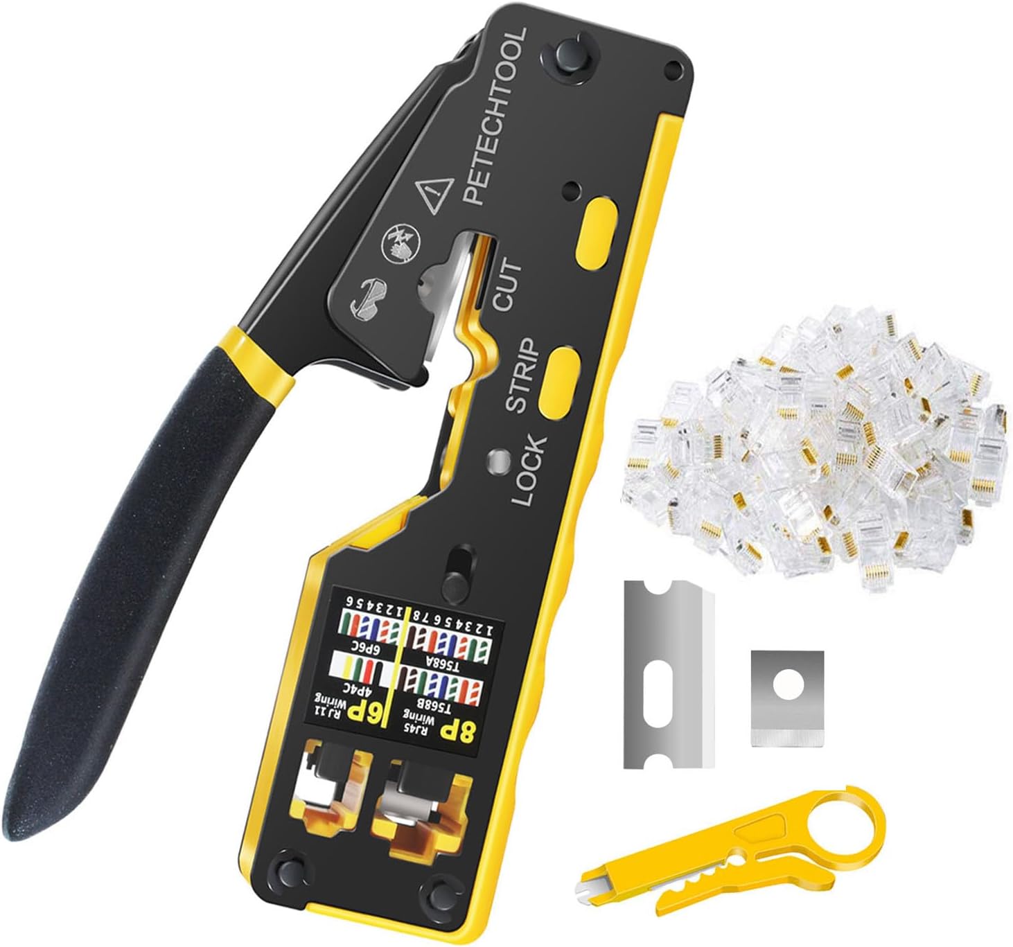 PETECHTOOL RJ45 Crimp Tool Pass Through Ethernet Crimping Tool Kit Cat6 Cat5e Cat6a RJ45 Crimper with Cable Tester, Cat6 Connectors with RJ45 Boot Covers, Mini Stripper, Blades and Cable Ties