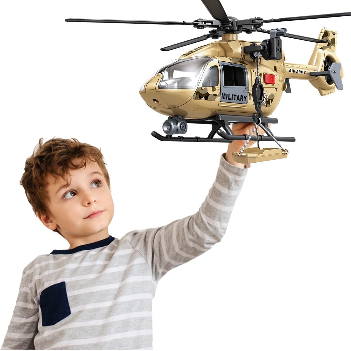Rescue Helicopter Toy with Lights and Sounds,Emergency Crane Toy with Hanging Tray, Kids Toys for 3 4 5 6 7 Years Old Boys (Military Helicopter)