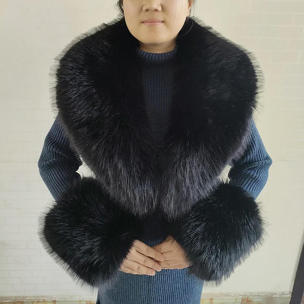 Rocila Women's Black Set Winter Faux Fur Collar Imitation Fur Scarf Cuffs Set Luxury Fur Shawl Wraps Men Coat Large Size Neck Warmer Furry Scarves