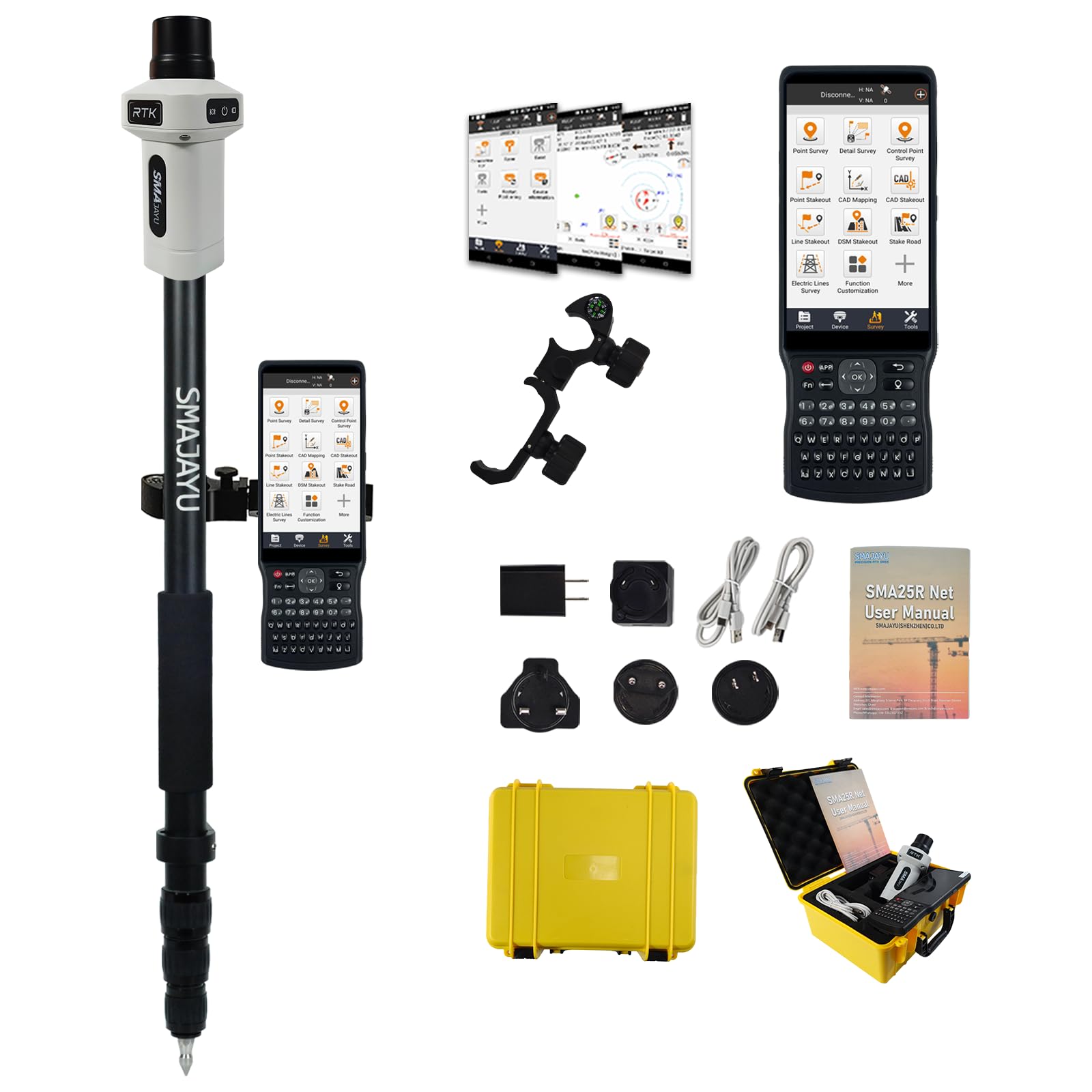 Apparecchiatura di rilevamento SMA25R Net GNSS RTK Rover, ricevitore GPS portatile Android con collettore, 2,5 cm tramite connessione CORS, 10 cm di precisione tramite PPP, IMU 60°(Inclusa l'asta)