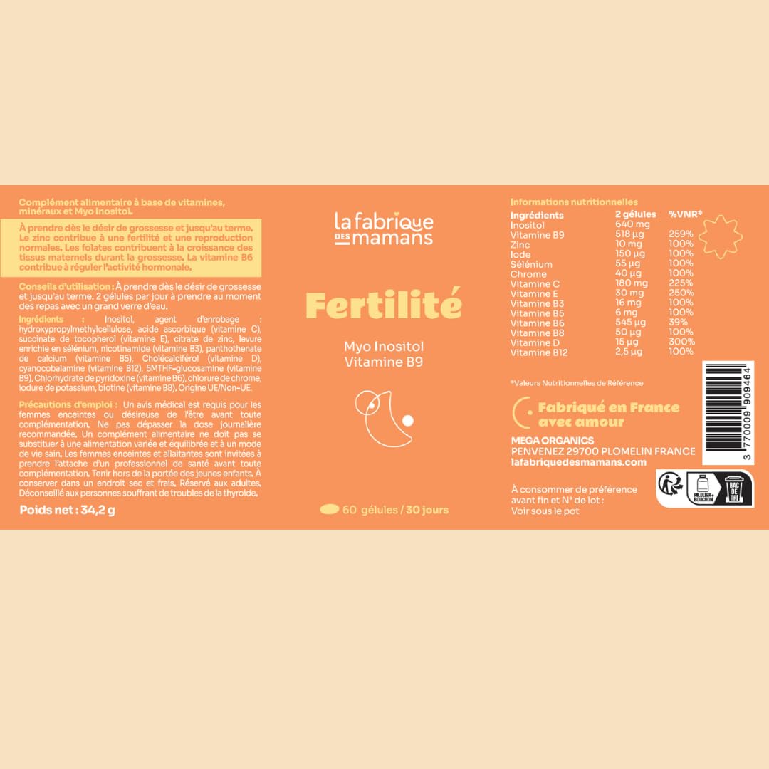 Fertilité, Conception et Grossesse | Complément alimentaire, Vitamine B9 (acide folique), Myo Inositol, Iode | La fabrique des mamans, 30 jours, Vegan, Fabriqué en France