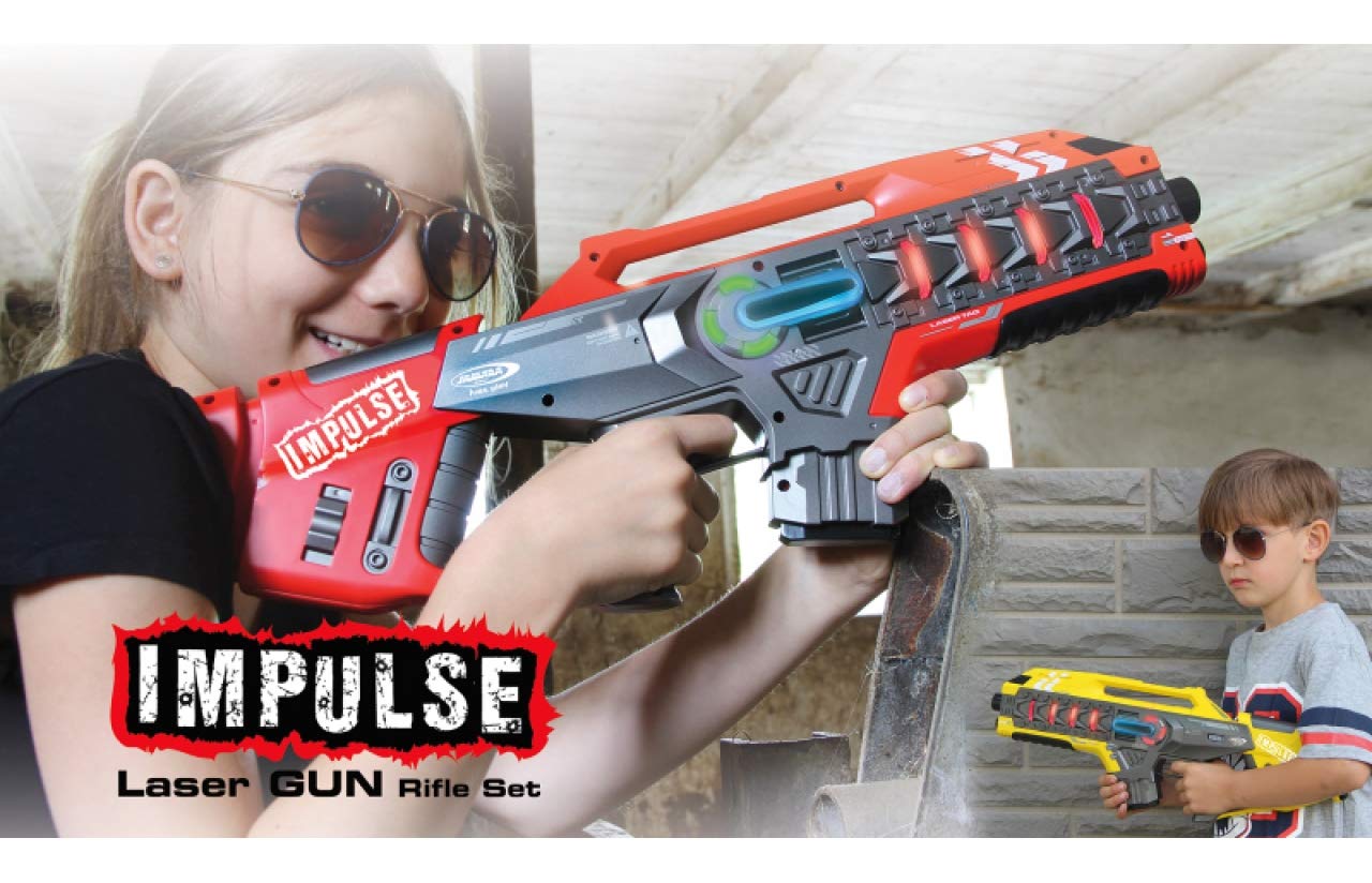 Jamara410083 - Impulse Gun - Rifle Set - Laser Tag with 3 Battle Modes Players per Team, Last Man Standing, Duel, 4 Simulated Weapons with Sound Effects, up to 40 m Range, Yellow/Red