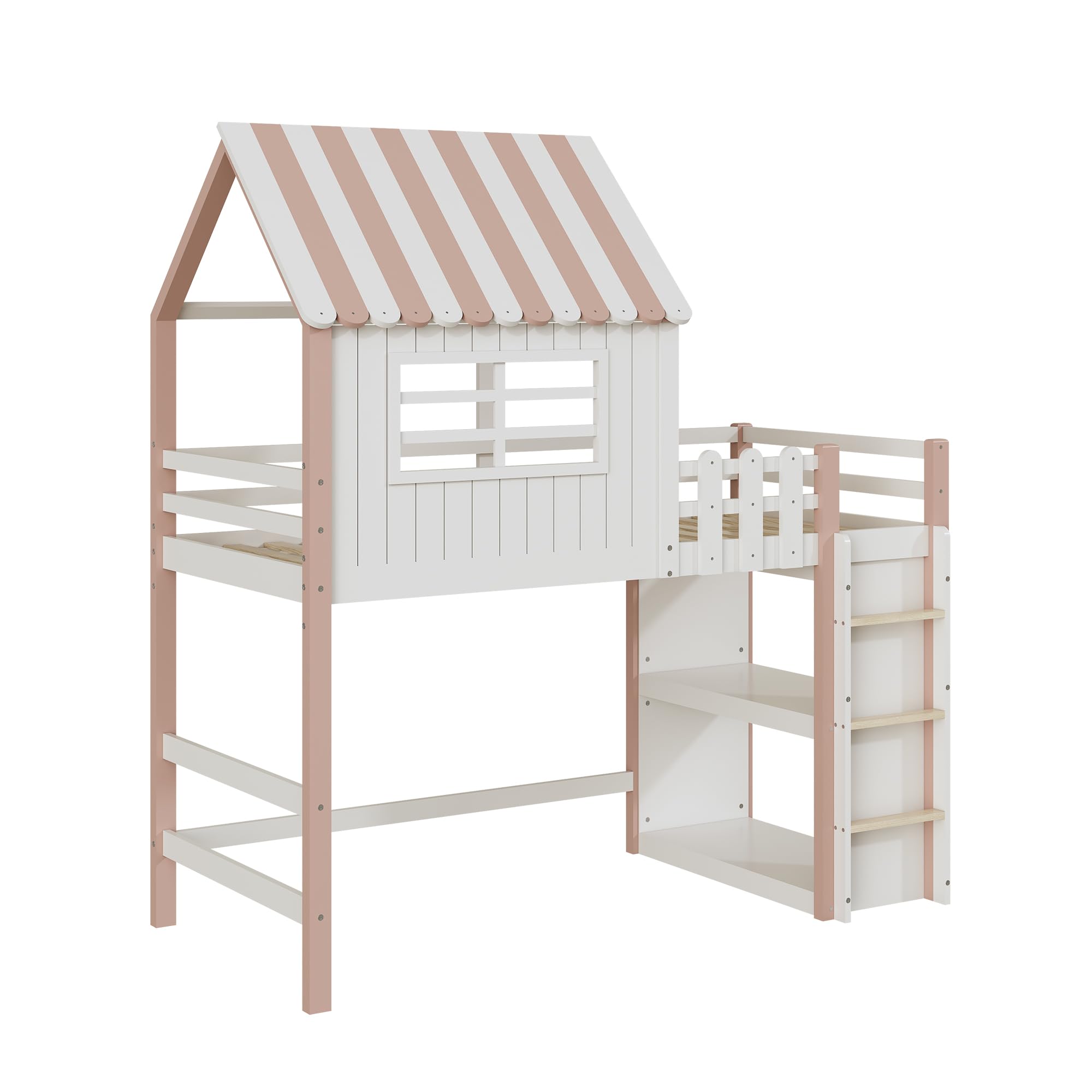 Hochbett 90x200, Kinderbett mit Ablagefach, Multifunktionsbett Massivholzbett mit Rausfallschutz und Lattenrost Holzbett, Rosa, ohne Matratze