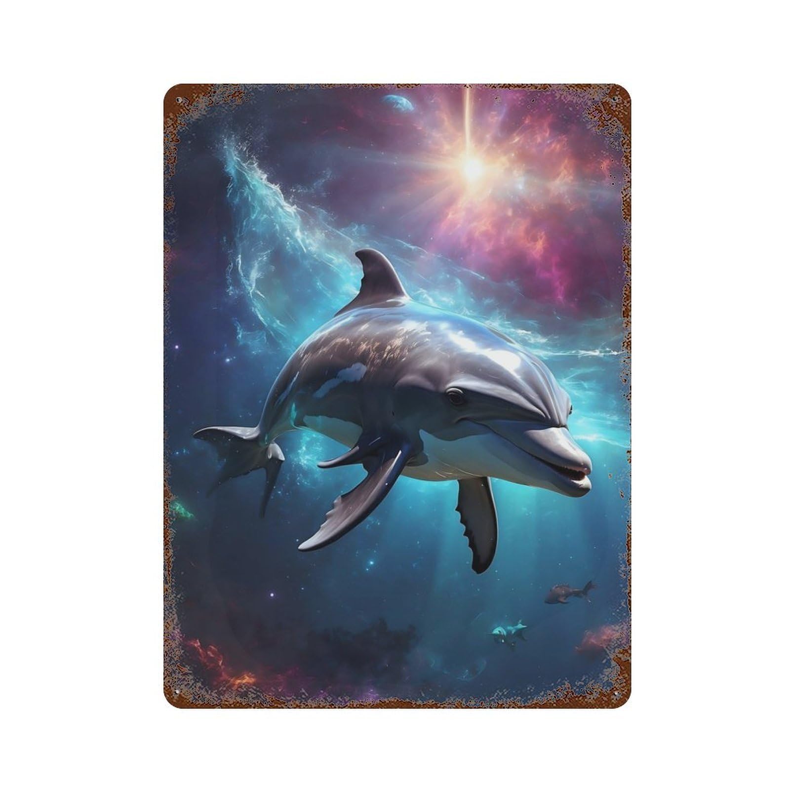 Garage Style Space Dolphin Rusty Metal Tin Sign 15.7"x11.8", Farmhouse Wall Decor for Bar And Workshop