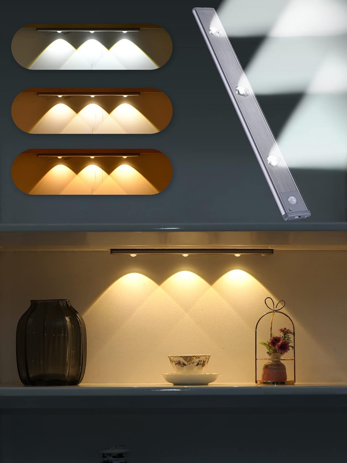 GITGRNTH ( Pack of 3 40cm Motion Sensor Cabinet Light, 1200 mAh Battery| 3 Color Modes (Warm/Neutral/Cool White) | USB Rechargeable Under Cabinet Lighting Perfect for Kitchen, Wardrobe 3