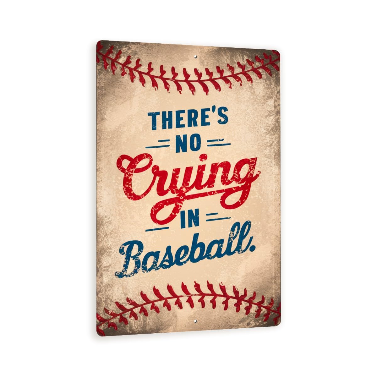peiyeety Vintage Style There's No Crying In Baseball Sign Beige Background With Red Baseball Stitching Tin Signs 8x12 Inch