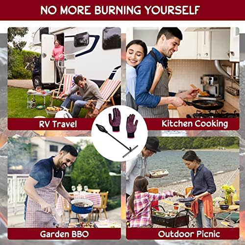 GOLRISEN Dutch Oven Lid Lifter 26cm Fire Pot Lid Lifter Cast Iron T-bars for Lifting Lid Lifter Handle Hook BBQ Lid Lifter Dutch Oven Accessories with Gloves for BBQ, Fire Pots, Cooking Pot, Camping