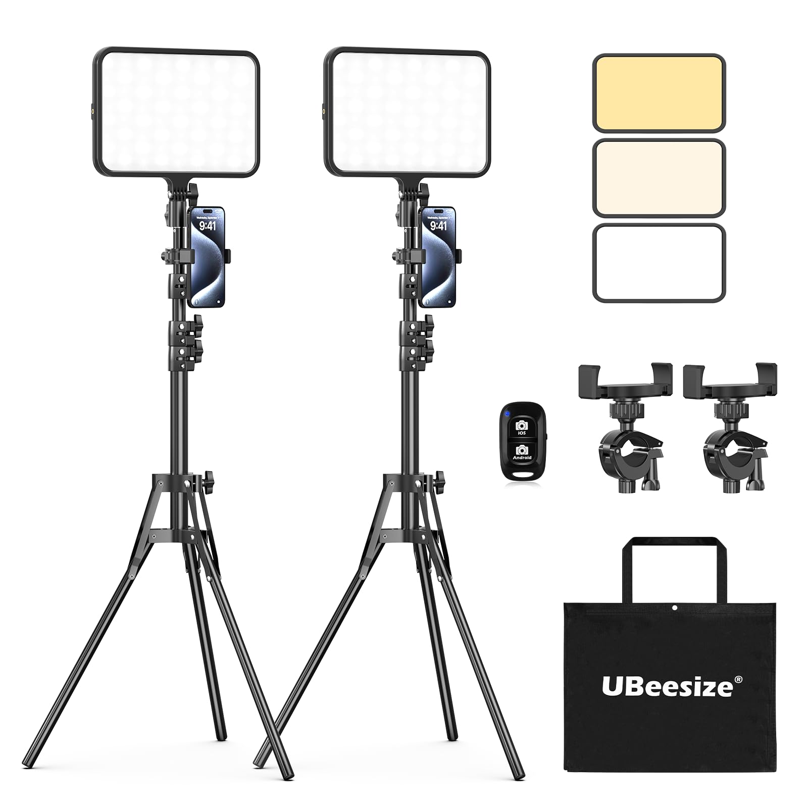 UBeesize 2 paneles de luz LED de vídeo con soporte de trípode de 160 cm, luz de vídeo LED de 13 pulgadas, regulable, 2500 – 8500 K, iluminación para grabación de vídeo de YouTube, fotos, transmisión