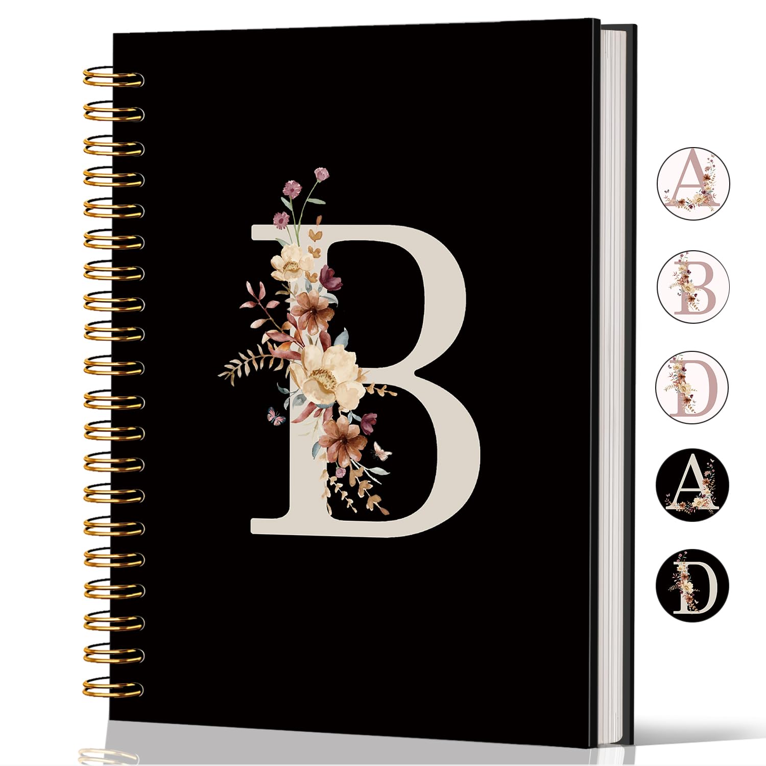 Lacama Cute Initial Letter B School Notebook Journal, Aesthetic Wildflower Personalized Black Spiral Notebook, School Supplies, Customized Monogrammed
